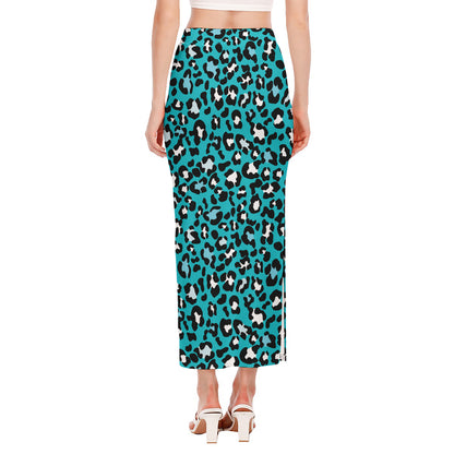 Turquoise Leopard Print Side Slit Maxi Skirt