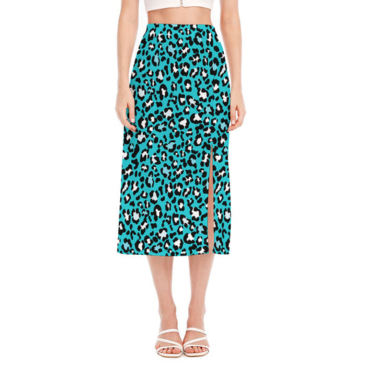 Turquoise Leopard Print Side Slit Midi Skirt