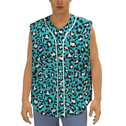 Turquoise Leopard Print Sleeveless Baseball Jersey