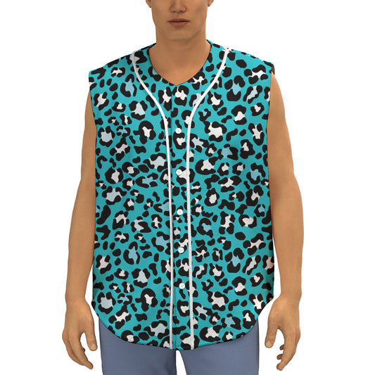 Turquoise Leopard Print Sleeveless Baseball Jersey
