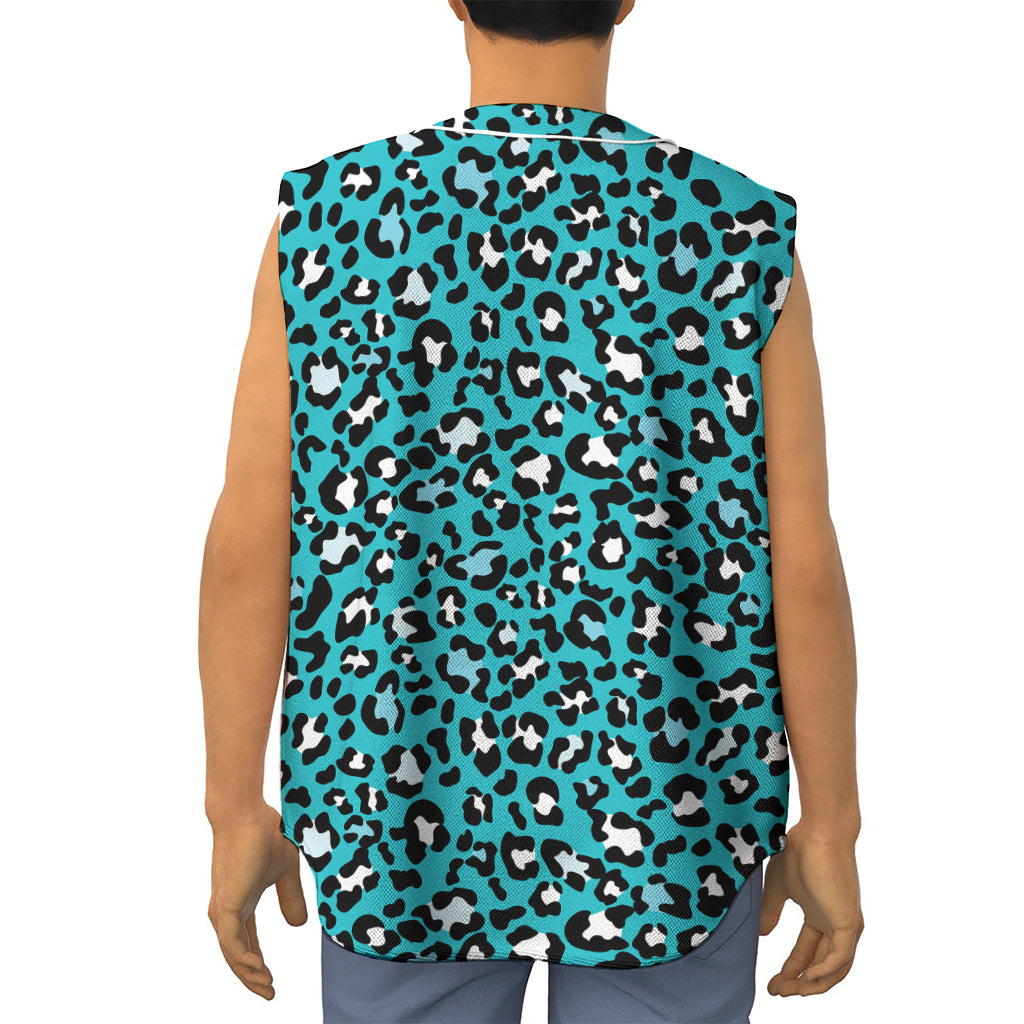 Turquoise Leopard Print Sleeveless Baseball Jersey