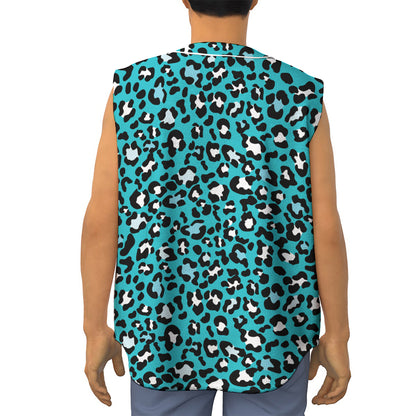 Turquoise Leopard Print Sleeveless Baseball Jersey