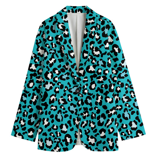 Turquoise Leopard Print Women's Cotton Blazer