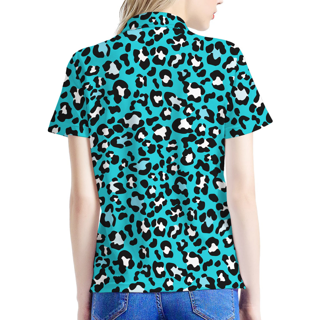 Turquoise Leopard Print Women's Polo Shirt