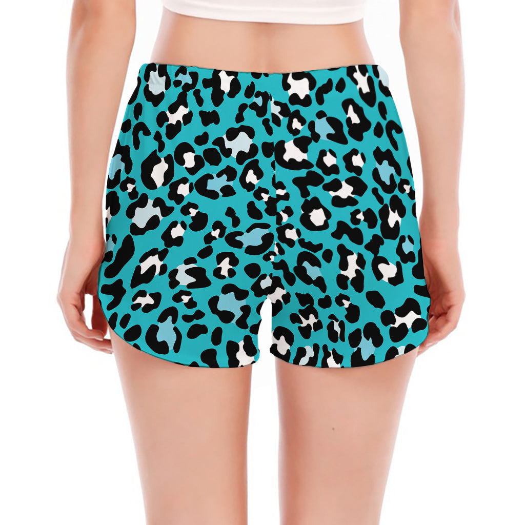 Turquoise Leopard Print Women's Split Running Shorts