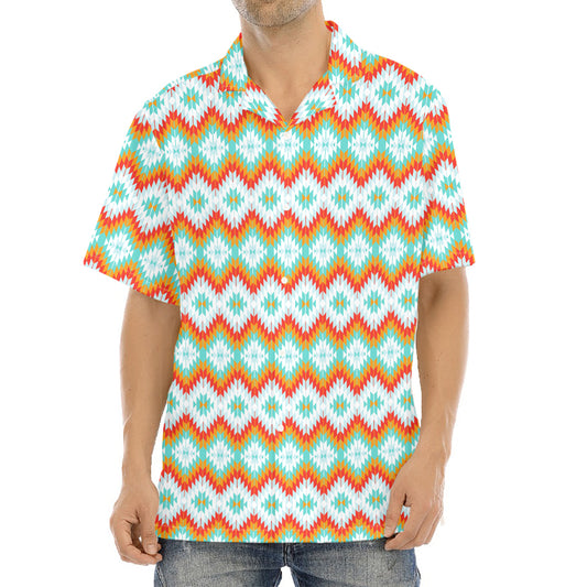 Turquoise Native American Pattern Print Aloha Shirt