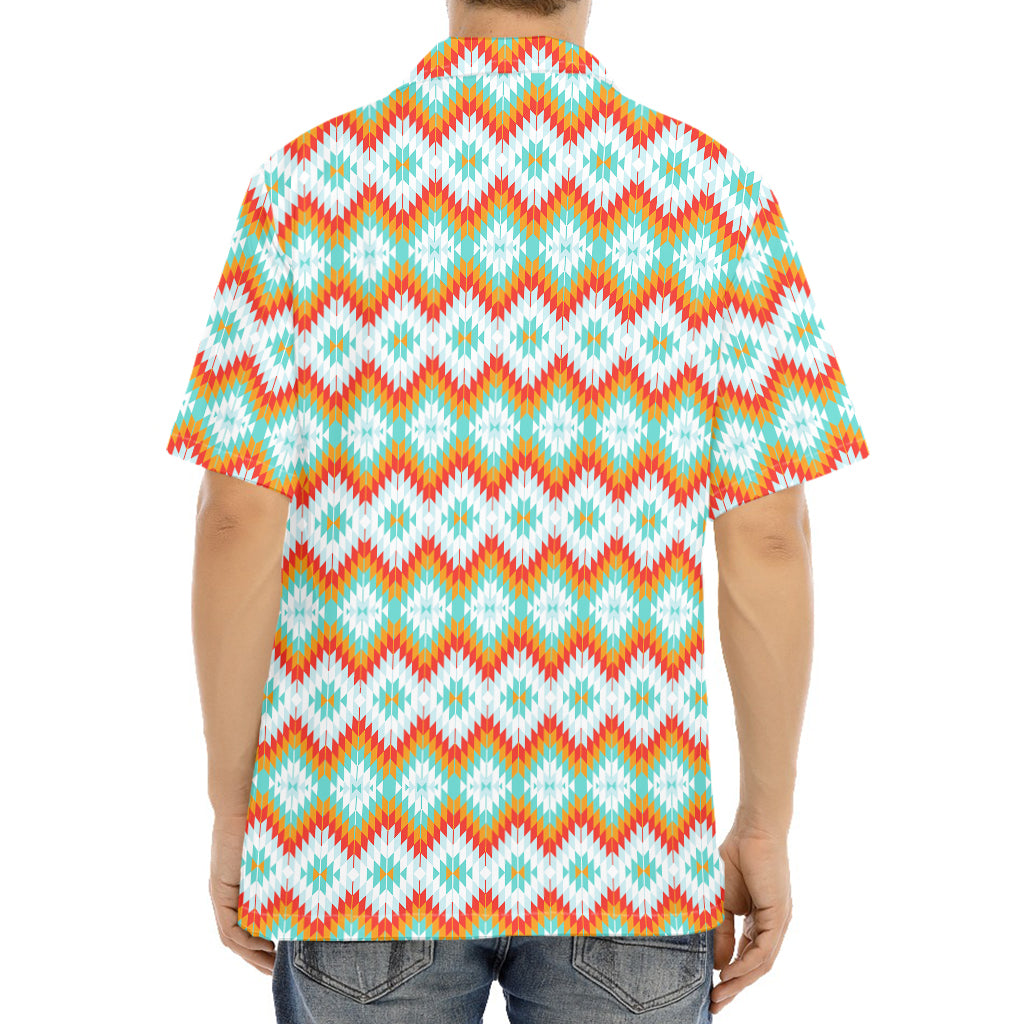 Turquoise Native American Pattern Print Aloha Shirt