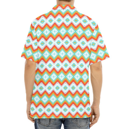 Turquoise Native American Pattern Print Aloha Shirt