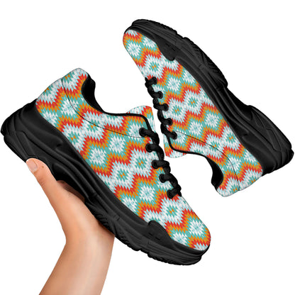 Turquoise Native American Pattern Print Black Chunky Shoes