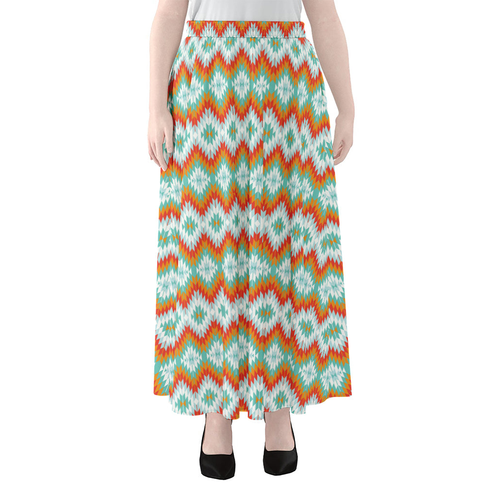Turquoise Native American Pattern Print Chiffon Maxi Skirt