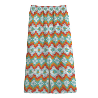 Turquoise Native American Pattern Print Cotton Front Slit Maxi Skirt