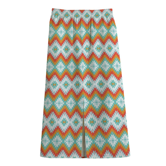 Turquoise Native American Pattern Print Cotton Front Slit Maxi Skirt