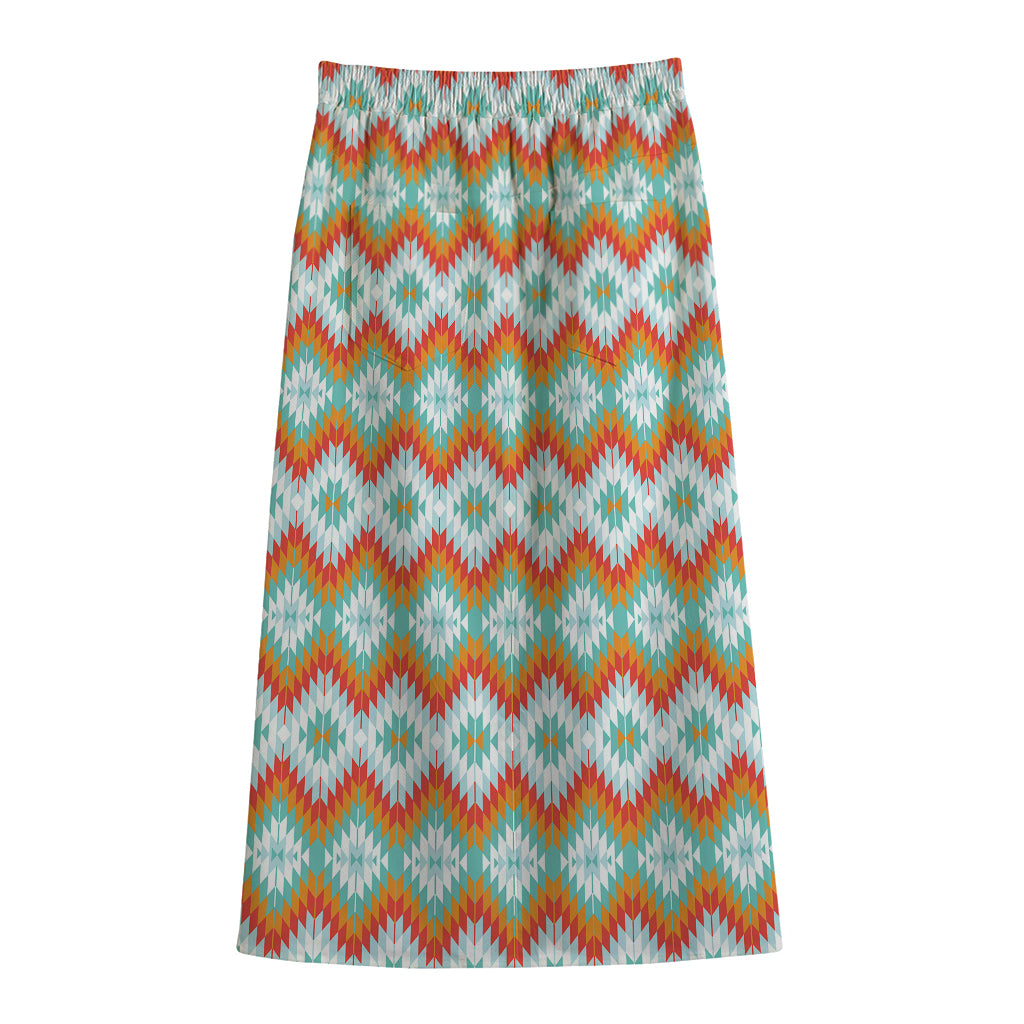 Turquoise Native American Pattern Print Cotton Front Slit Maxi Skirt