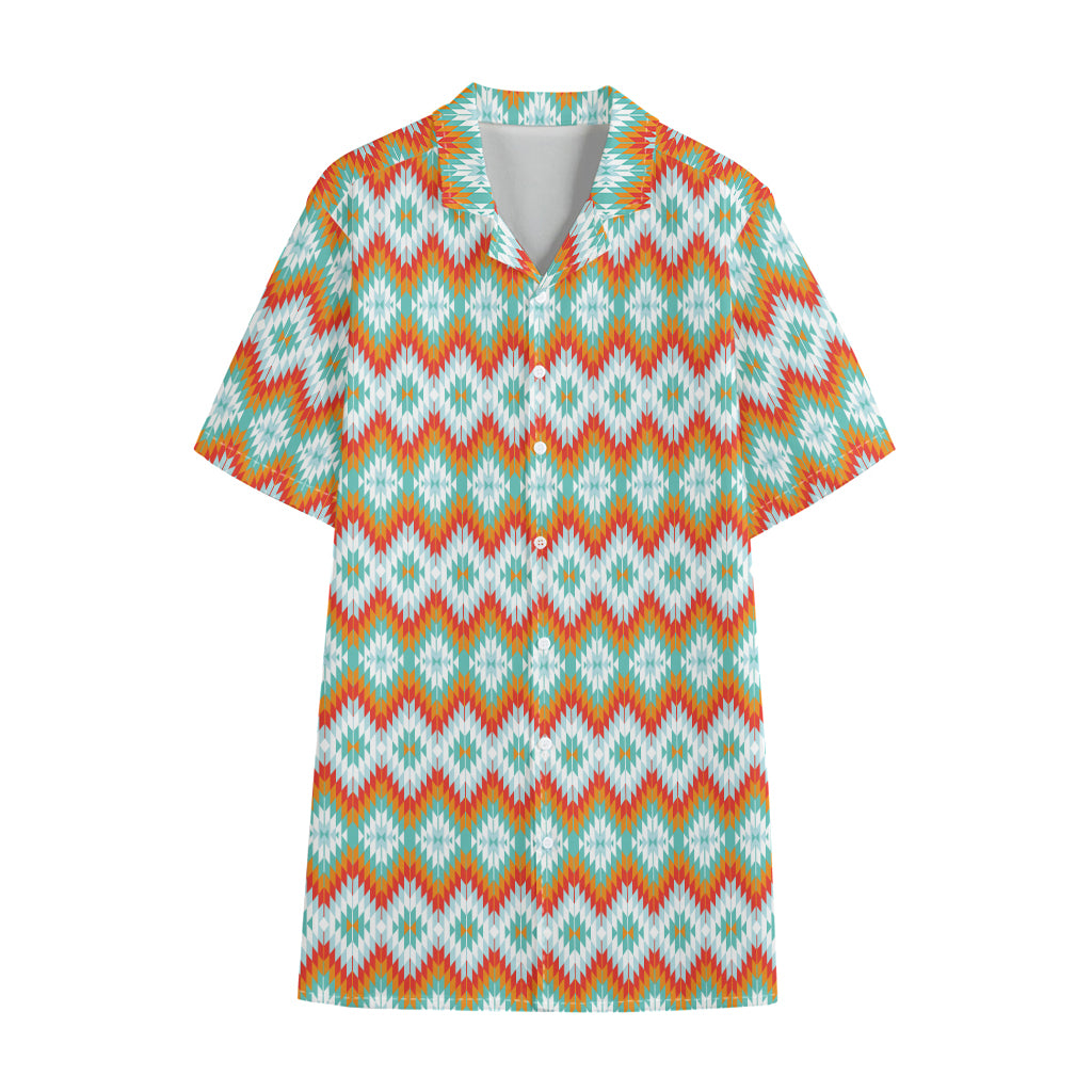 Turquoise Native American Pattern Print Cotton Hawaiian Shirt
