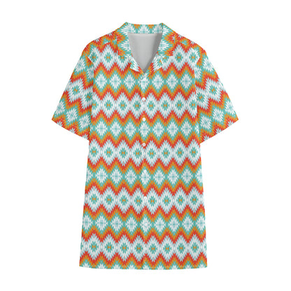 Turquoise Native American Pattern Print Cotton Hawaiian Shirt