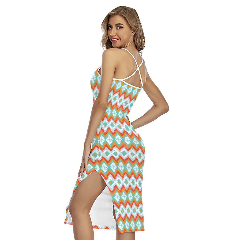 Turquoise Native American Pattern Print Cross Back Cami Dress