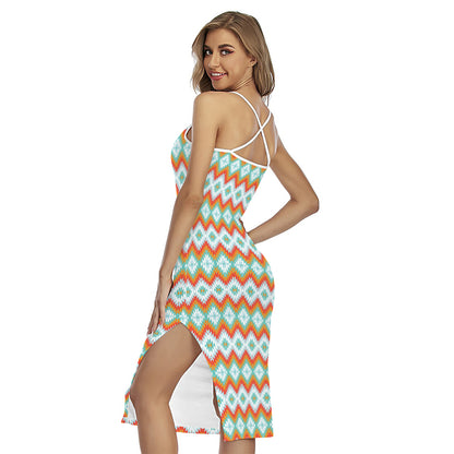 Turquoise Native American Pattern Print Cross Back Cami Dress