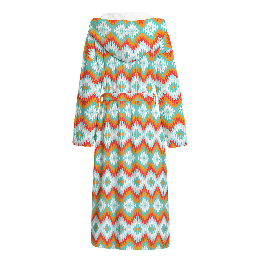 Turquoise Native American Pattern Print Hooded Bathrobe