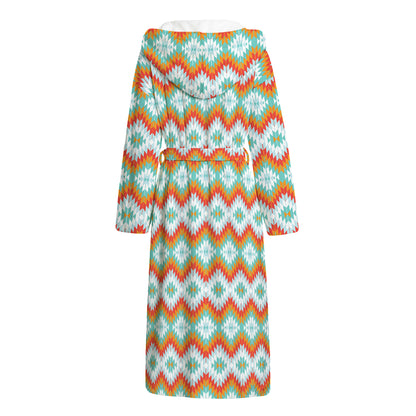 Turquoise Native American Pattern Print Hooded Bathrobe