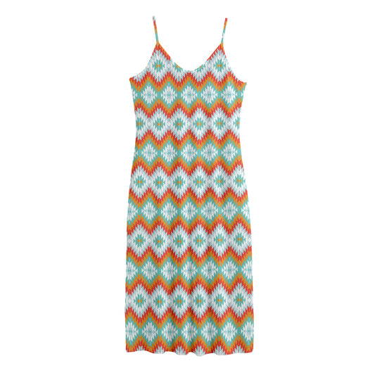 Turquoise Native American Pattern Print Jersey Midi Cami Dress