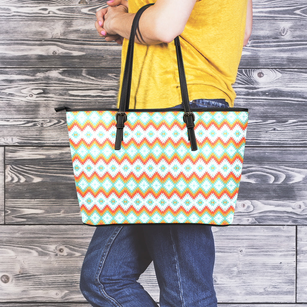 Turquoise Native American Pattern Print Leather Tote Bag
