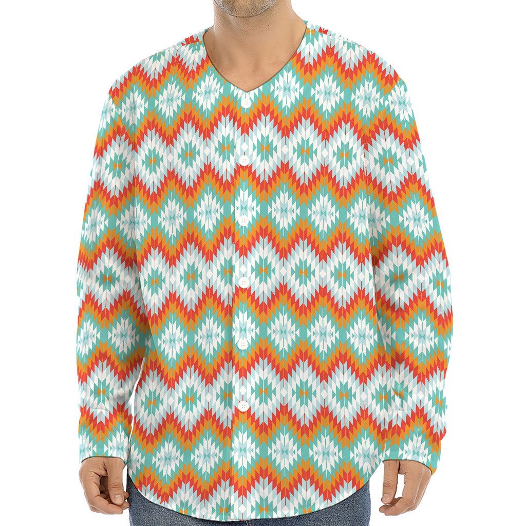 Turquoise Native American Pattern Print Long Sleeve Baseball Jersey