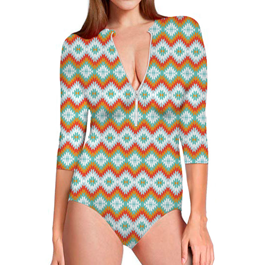 Turquoise Native American Pattern Print Long Sleeve Swimsuit