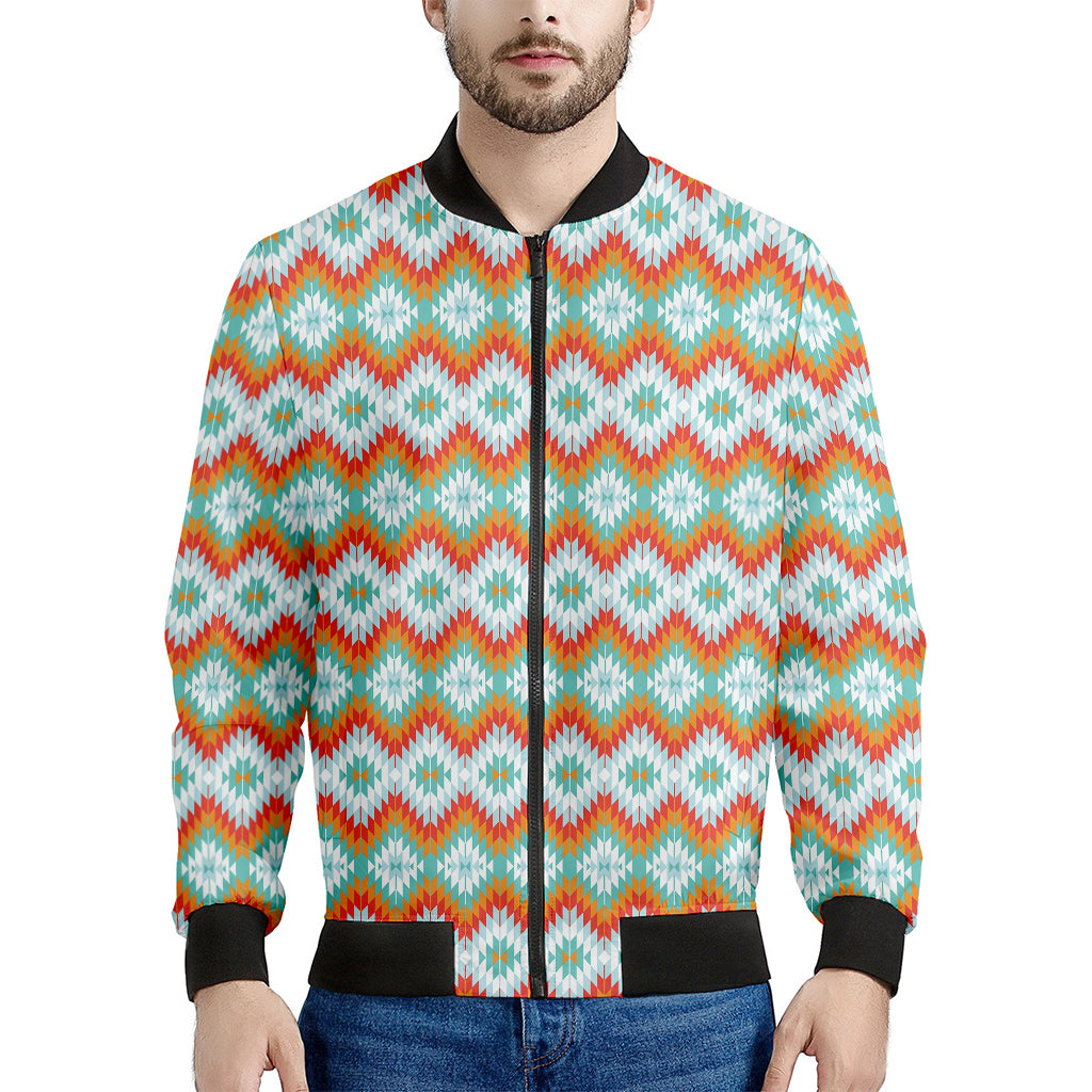 Turquoise Native American Pattern Print Men's Bomber Jacket