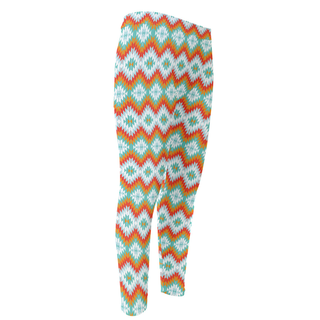 Turquoise Native American Pattern Print Men's Compression Pants