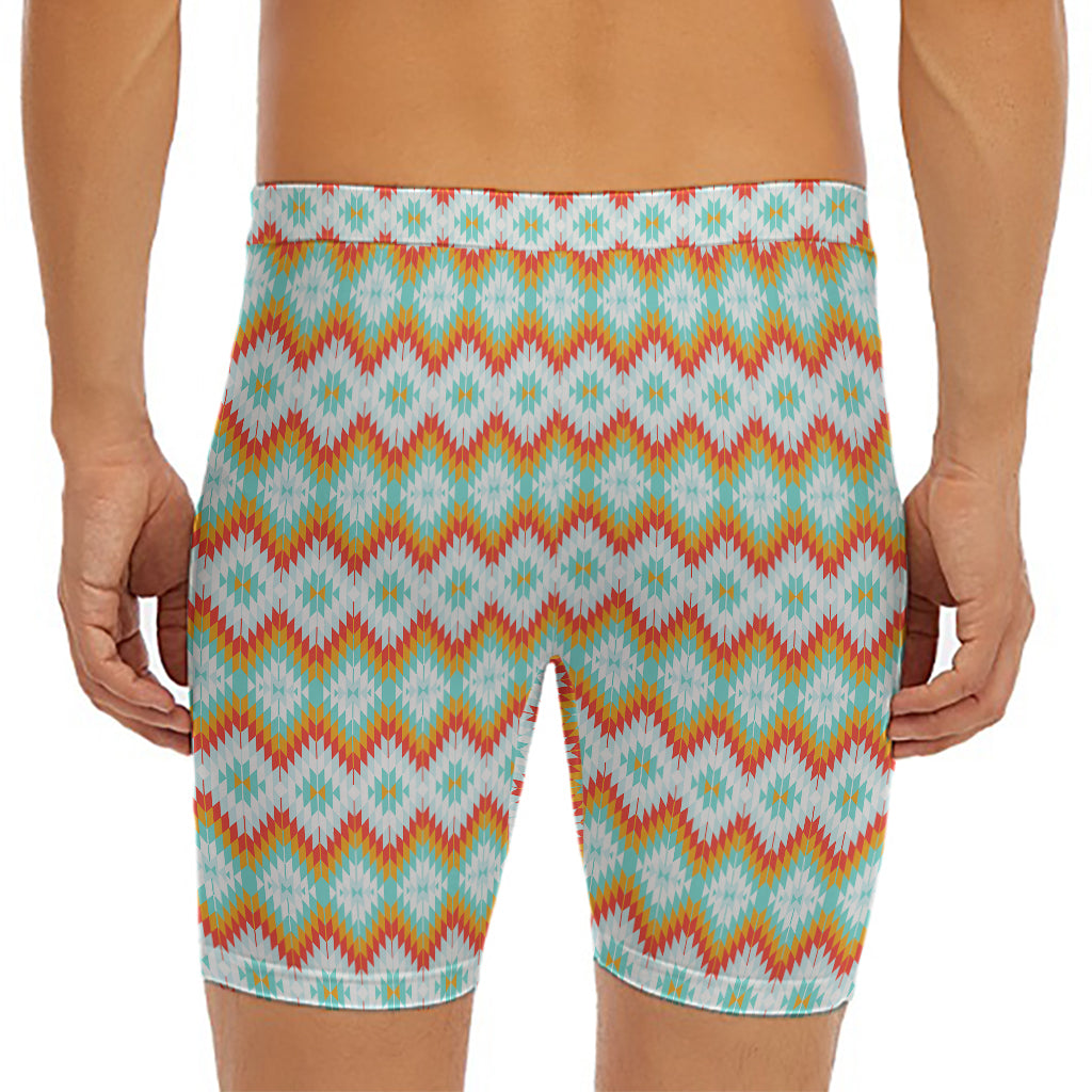 Turquoise Native American Pattern Print Men's Long Boxer Briefs
