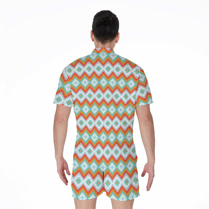 Turquoise Native American Pattern Print Men's Rompers