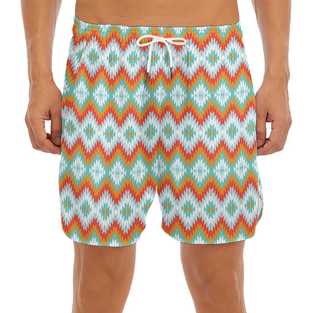 Turquoise Native American Pattern Print Men's Split Running Shorts