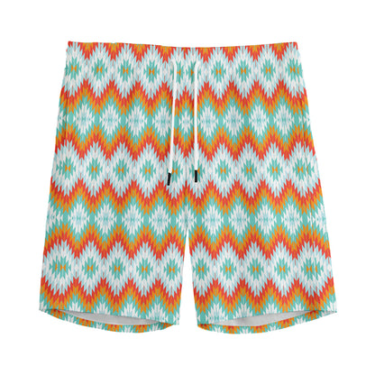 Turquoise Native American Pattern Print Men's Sports Shorts