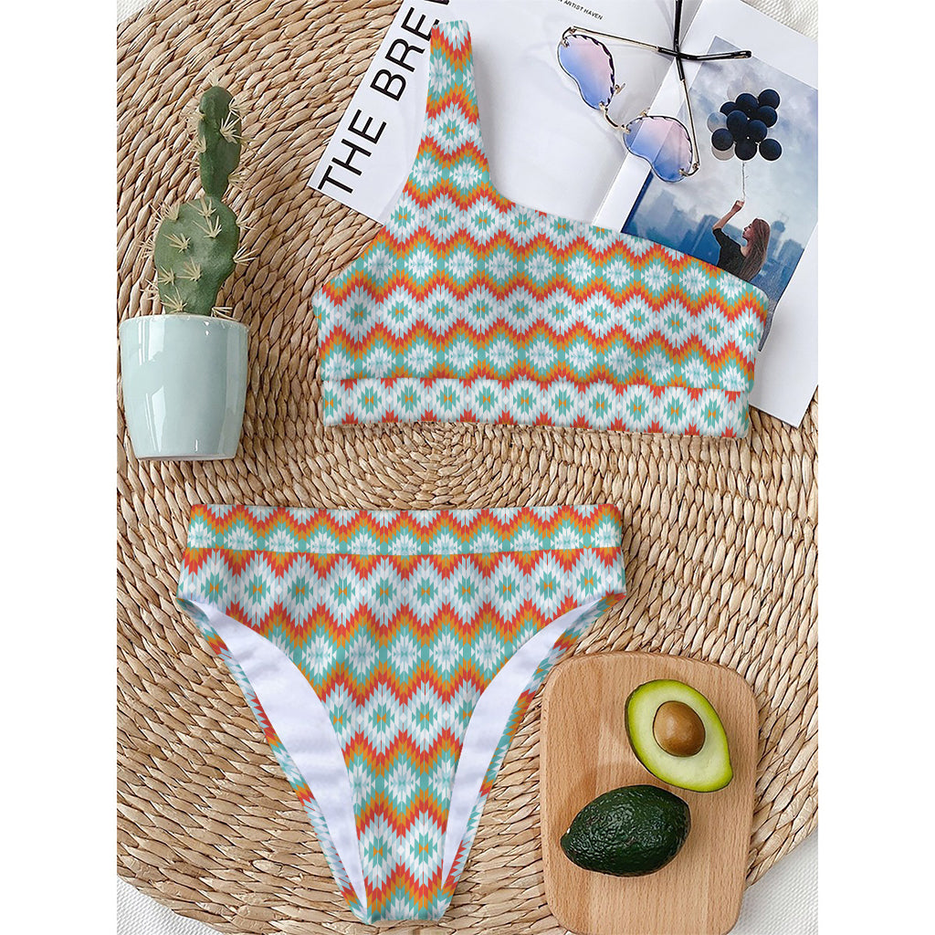 Turquoise Native American Pattern Print One Shoulder Bikini Top