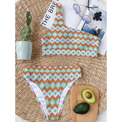Turquoise Native American Pattern Print One Shoulder Bikini Top