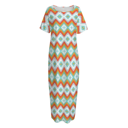 Turquoise Native American Pattern Print Short Sleeve Long Nightdress
