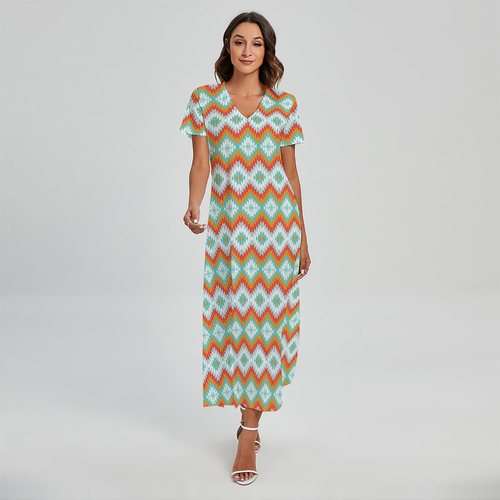 Turquoise Native American Pattern Print Short Sleeve Maxi Dress