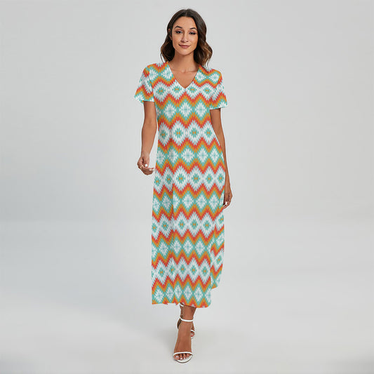 Turquoise Native American Pattern Print Short Sleeve Maxi Dress