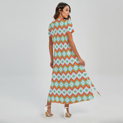 Turquoise Native American Pattern Print Short Sleeve Maxi Dress