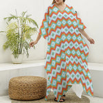 Turquoise Native American Pattern Print Silk V-Neck Kaftan Dress