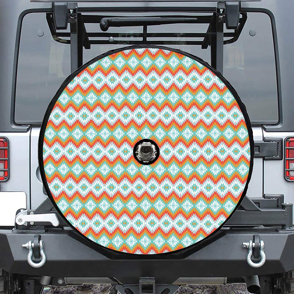 Turquoise Native American Pattern Print Tire Cover With Camera Hole