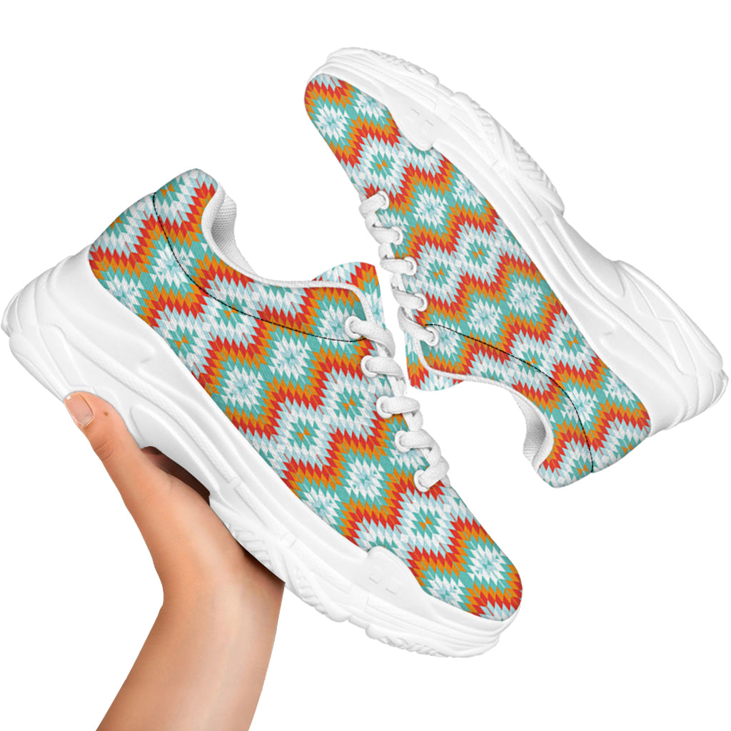 Turquoise Native American Pattern Print White Chunky Shoes