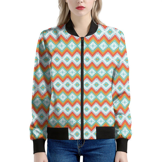 Turquoise Native American Pattern Print Women's Bomber Jacket