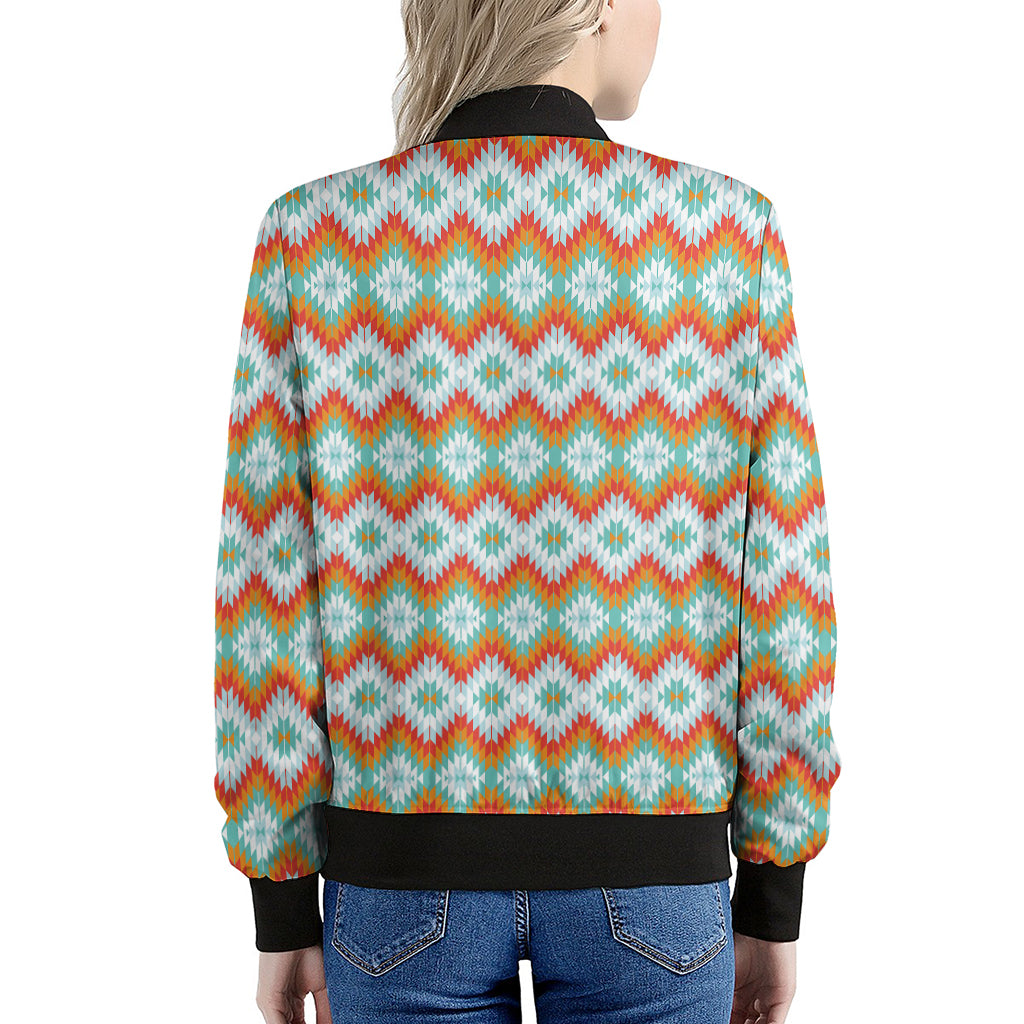 Turquoise Native American Pattern Print Women's Bomber Jacket