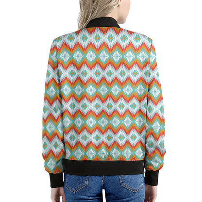 Turquoise Native American Pattern Print Women's Bomber Jacket