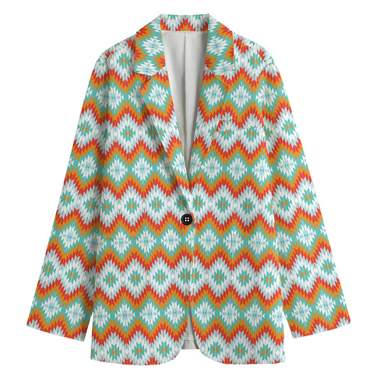 Turquoise Native American Pattern Print Women's Cotton Blazer