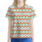 Turquoise Native American Pattern Print Women's Polo Shirt