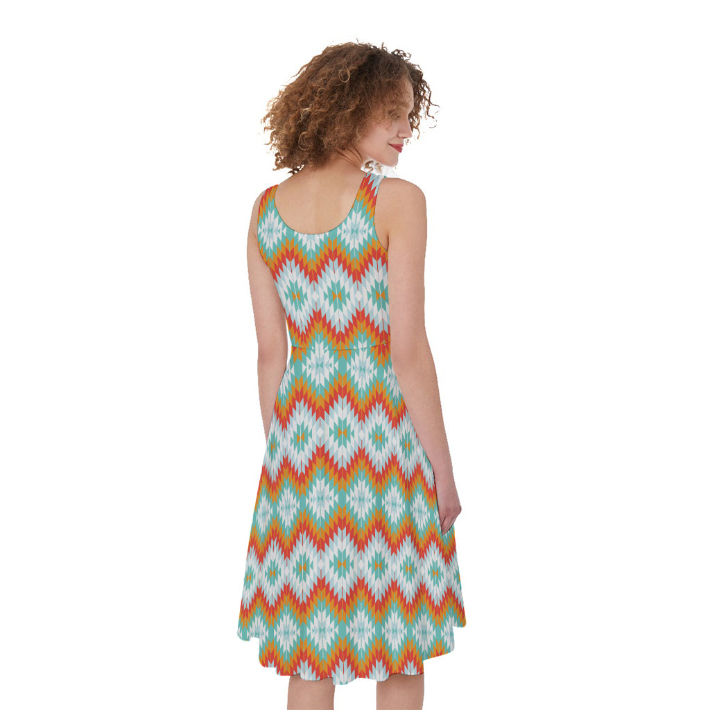 Turquoise Native American Pattern Print Women's Sleeveless Dress
