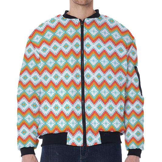 Turquoise Native American Pattern Print Zip Sleeve Bomber Jacket