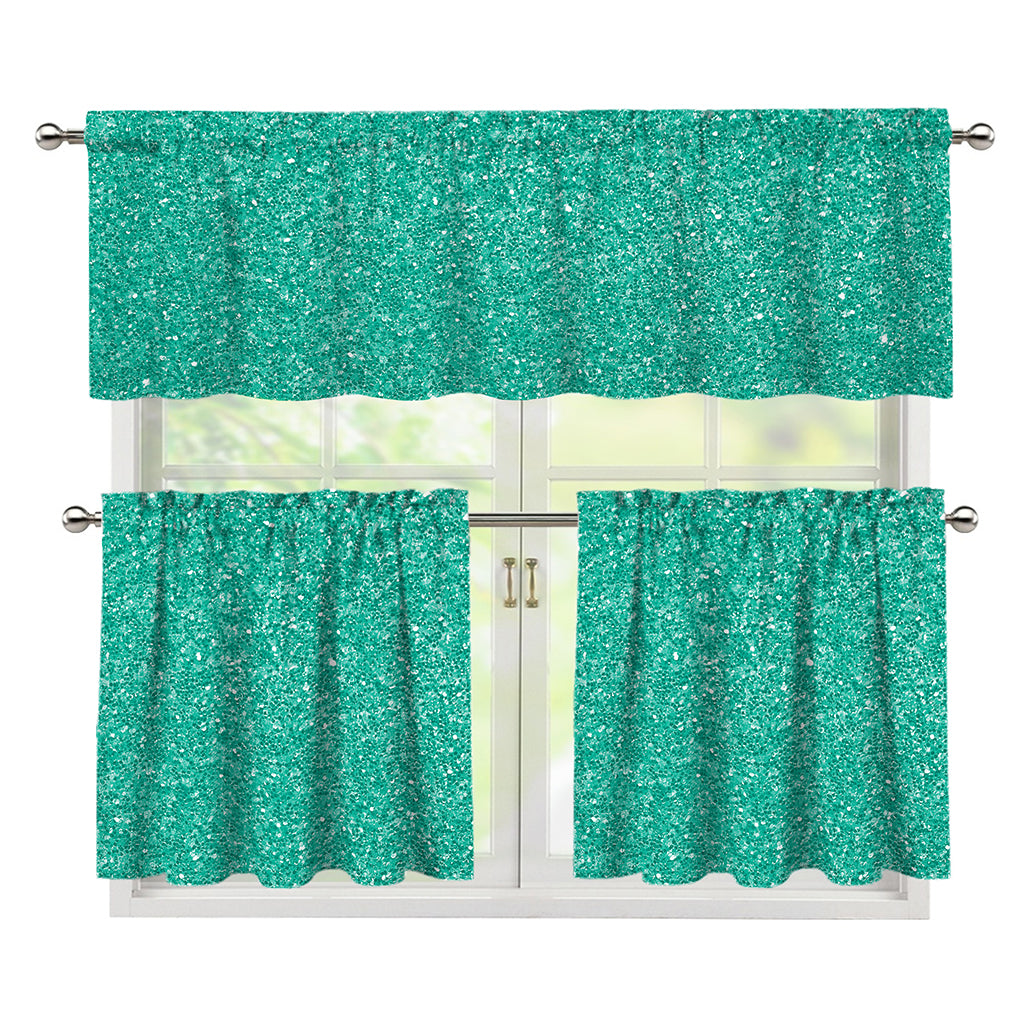 Turquoise (NOT Real) Glitter Print 3 Piece Kitchen Curtains